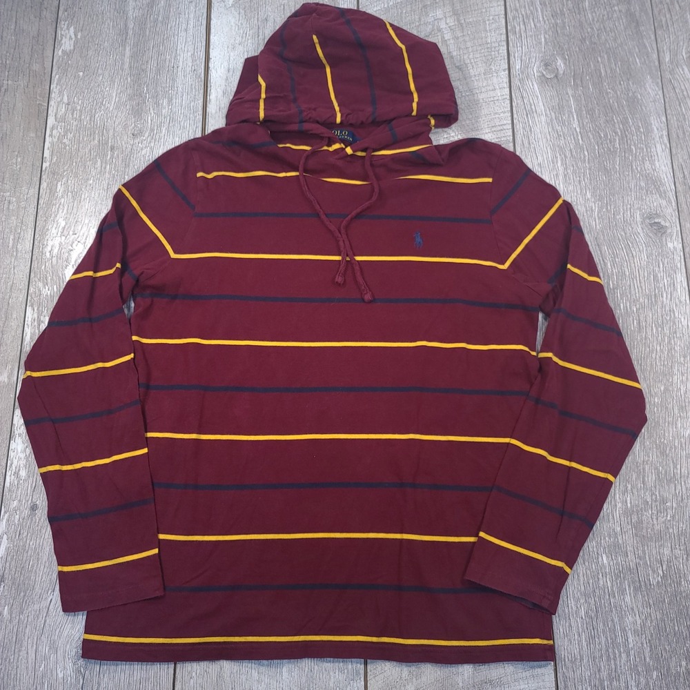 Polo Ralph Lauren Hooded T-Shirt Mens Medium Burgundy Striped Long Sleeve Pony